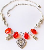 goth punk grunge style heart cross & teeth& red Czech glass leaf necklace💀🌹✝️🦷