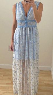 NWT Aqua Blue Flower Embroidered Maxi Dress Sz Small