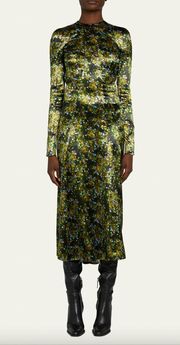 Victoria Beckham $1590 Green Floral Printed Satin Cutout Midi A-Line Dress