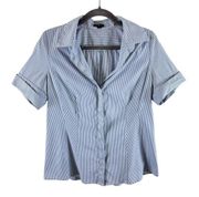 Ann Taylor Blue White Striped Short Sleeve V-Neck Button Up Shirt Size 14