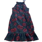 Nanette Lepore Dress Womens 10 Blue Red Rose Floral Midi Tiered Hem Cocktail