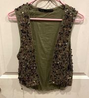 Beaded Vest Women’s S Olive Green Color Top