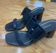 Vionic Brookell Block Heels Women's 7 Black Leather Slip On Open Toe Buckle S14