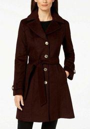 NEW Michael Kors Single Breasted Notch Wool Removable Hood Coat Burgundy Red XXS