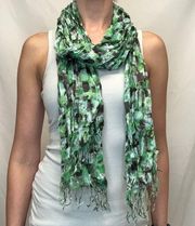 The Limited Women's Abstract Watercolor Neck Scarf Tassels Green White Black OS