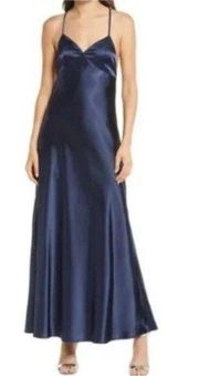 Dress One Last Glance Satin Backless Slip Dress Navy Blue Size Medium