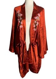 GB Dillards Floral Escapade Kimono Robe M Rust Satin Cocoon Open Embroidery