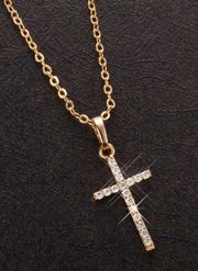 Boutique Cross Pendant Necklace Shining Rhinestone Detail Golden Color