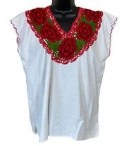 Traditional Mexican Embroidered Red Roses Tunic