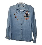Vintage Falls Creek Denim Button Down Blouse Embroidered Scarecrow Fall Size L