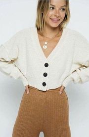 Cardigan Sweater Top Cuddly Moments Ivory Ribbed Balloon Sleeve Size M