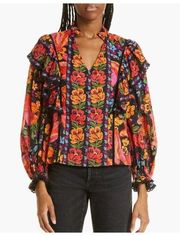 FARM RIO Printed Spring Bananas Red Black Floral Long Sleeve Blouse