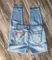 Encore Light Wash Distressed Embroidered Skinny Jeans Size 5