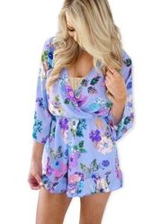 everly Floral 3/4 Sleeve Ruffle Romper Medium Purple Pleated Shorts Lightweight