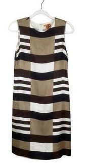 Tory Burch Silk Shift Dress Sleeveless Size 4 Brown Tan Black White Knee Length