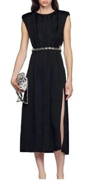 $550 NWOT Sandro Andy Pleated Rhinestone Midi Dress Black Women's Size 2 /Medium