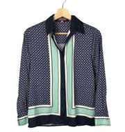 Vince Camuto Navy & Mint Green Printed Long Sleeve Button Down XS Petite
