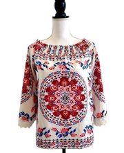 MISSLOOK Medallion Print Cold Shoulder Top Red White & Blue Women’s Size Medium