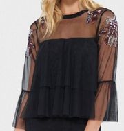 sheer mesh floral embroidered bell sleeve blouse top