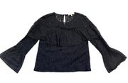 7 For All Mankind Black Sheer Ruffled Blouse with Bell Sleeves