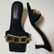 GOOD AMERICAN Single Strap Black Sandals with Gold Chain Kitten Heel Size 6