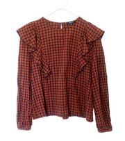 Madewell Orange Black Plaid Ruffled Gingham Blouse Size S