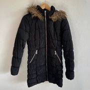 H&M Black Long Puffer Faux Fur Hood Jacket Coat Womens 6 Small