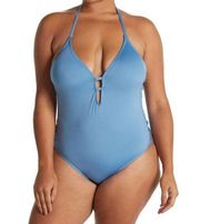 Laundry by Shelli Segal Strappy Plunge Neck One-Piece Swimsuit Blue