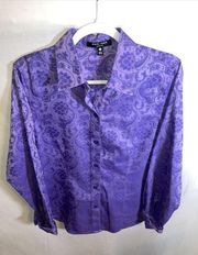 Foxcroft Dress Shirt Women’s Size 10 Slim Fit Purple Floral Button Up Long Slv