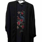 Forever 21 Black Floral Embroidered Open Kimono Duster Womens Sz Large Colorful