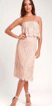 Lulus  Delia Blush Pink Lace Strapless Midi Dress Size XS