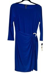 Chaps Royal Blue Gathered Front Metal Circle Detail Knee Length Dress Size Med