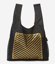NWOT Standard Baggu Bag- Black with Gold Stripes, Reusable, Folds to take on go!