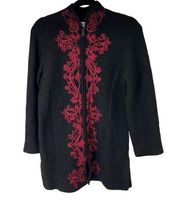 Coldwater Creek Black Red Embroidered Wool Zip Up Sweater