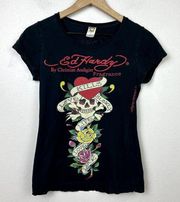 Vintage Ed Hardy Women's Baby Tee Size S Tiger Skull Y2K Black T-Shirt