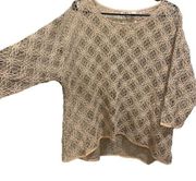 Cato Tan Retro Floral Net Like Crochet Bat Wing Boho Hippie Western Sheer Blouse