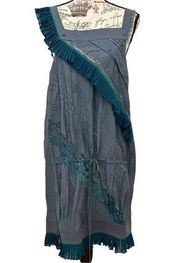 BCBGmaxazria Grey and Emerald Green Sleeveless Tie Waist Ruffle and Lace Dress S