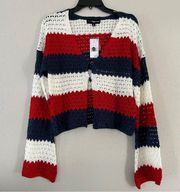 33 Degrees NWT Red White Blue America USA Striped Crochet Cardigan 4th of July