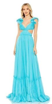 MAC DUGGAL Ruched Ruffled Shoulder Cut Out Lace Up Gown in Turquoise US 12 NWT