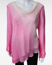 Chadwicks Pink Ombre Beaded Drapeneck Assymetric Hem Silk Blouse Size 10