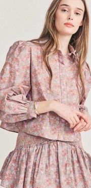 LoveShackFancy Sansom Puff Sleeve Blouse In Warm Taupe Sienna Floral Size XS