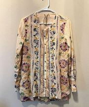 Anthropologie aratta silent journey embroidered boho button up blouse tunic top size small