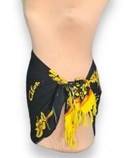 Hawaiian Sarong Wrap Scarf Black Yellow Floral Aloha Fringe Beach Swim Coverup