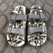 Faux Fur Lined Double Buckle Strap Slides Sandals