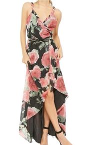 Floral Braided Strap Slit Wrap Maxi Dress Black Pink Small Boho High Low