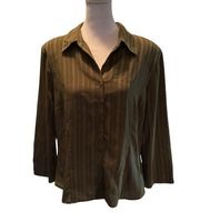 Olive Green Striped Print Button Down 3/4” Sleeved Blouse Large