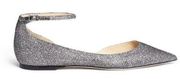 Jimmy Choo Women's Lucy Lame Glitter Silver Ankle Strap Flats Size 37 NEW