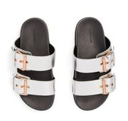 AllSaints Sz 7 Sian Leather Metallic Silver Slide Sandals Double Buckle