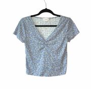 Baby Blue Ditsy Floral Print Ruched Front Cropped Top