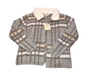 By Design Plaid Windowpane Sherpa Collar Open Cardigan Grey Tan Small